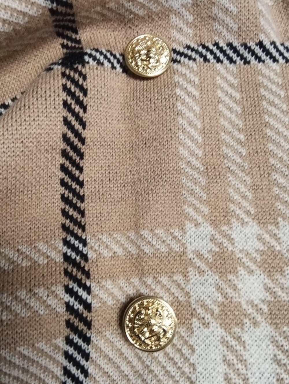 Anne Klein Size L Beige Plaid Double-Breasted Trench Coat with Gold Buttons - Picture 5 of 12